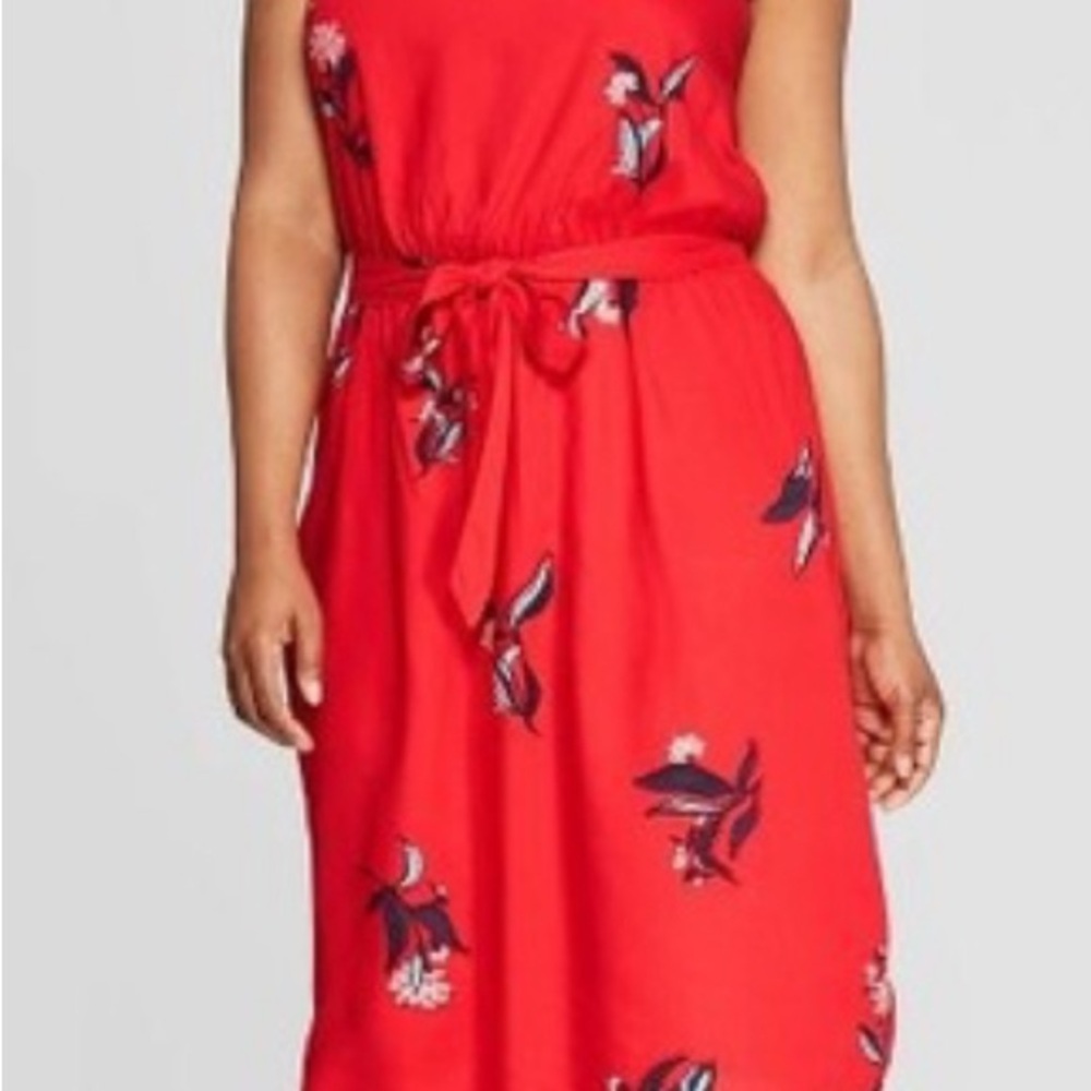 Ava & Viv Red Sleeveless Tie Waist Floral Dress